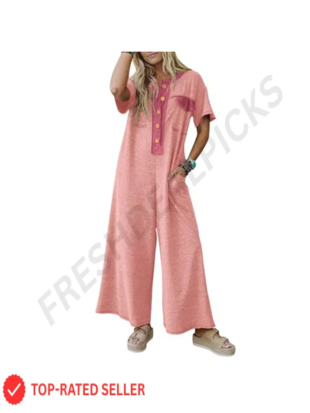 Women's Casual Loose Wide Leg Jumpsuit Short Sleeve V-Neck Button Romper